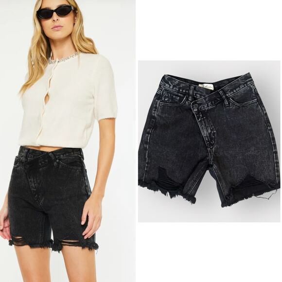 KanCan Arabella Ultra High Rise Bermuda Shorts Black Distressed Denim, Small - Picture 1 of 8